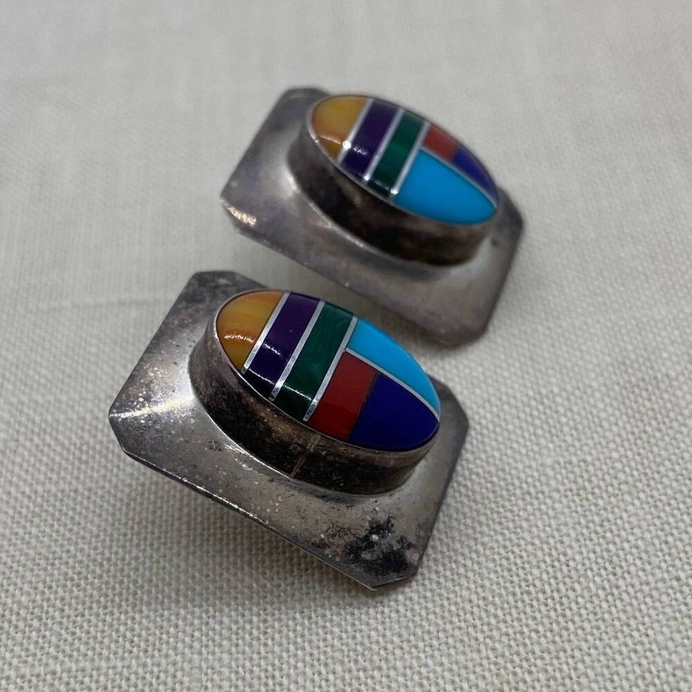 Vintage Rita Dawes Navajo EARRINGS Sterling Inlay - Picture 2 of 6